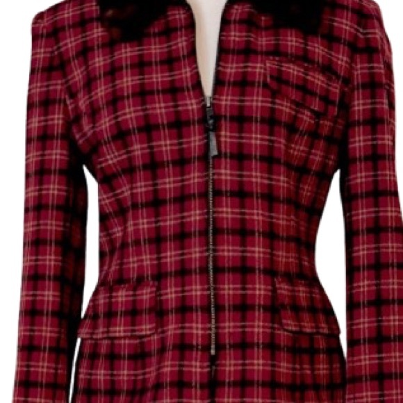 Vintage Wool Ralph Lauren Plaid Jacket Faux Fur Collar Red Sz 6 Small Blazer - Picture 10 of 12